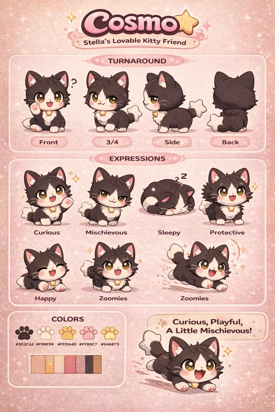Cosmo character reference sheet showing turnaround, expressions, poses, and color palette