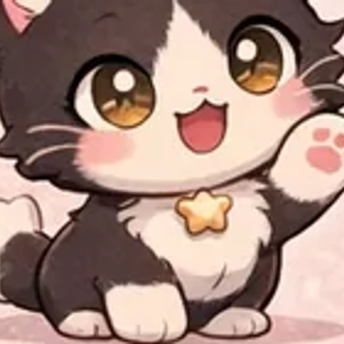Cosmo's face — a smiling chibi tuxedo cat with golden yellow eyes and a star pendant