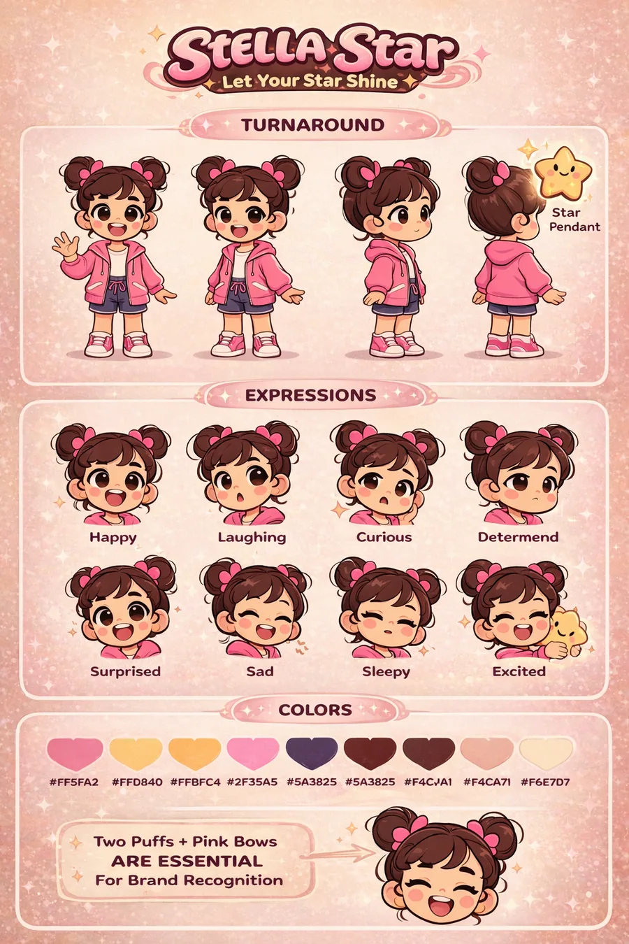 Stella Star character reference sheet showing turnaround, expressions, and color palette